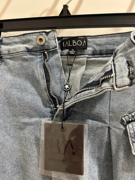 Balboa Denim Mini Skirt with Rhinestone Cargo Pockets - Light Blue - Picture 5 of 7